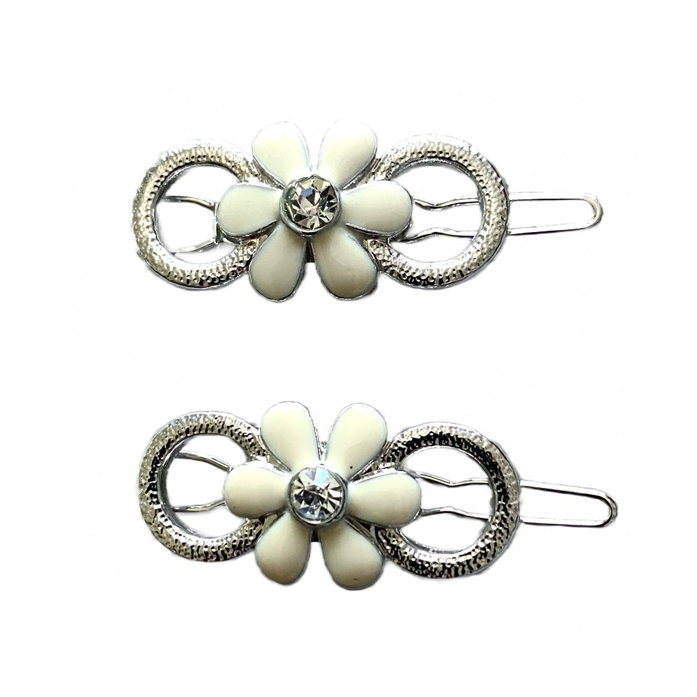 Petite Silver Tone Floral & Crystal Barrette Pair